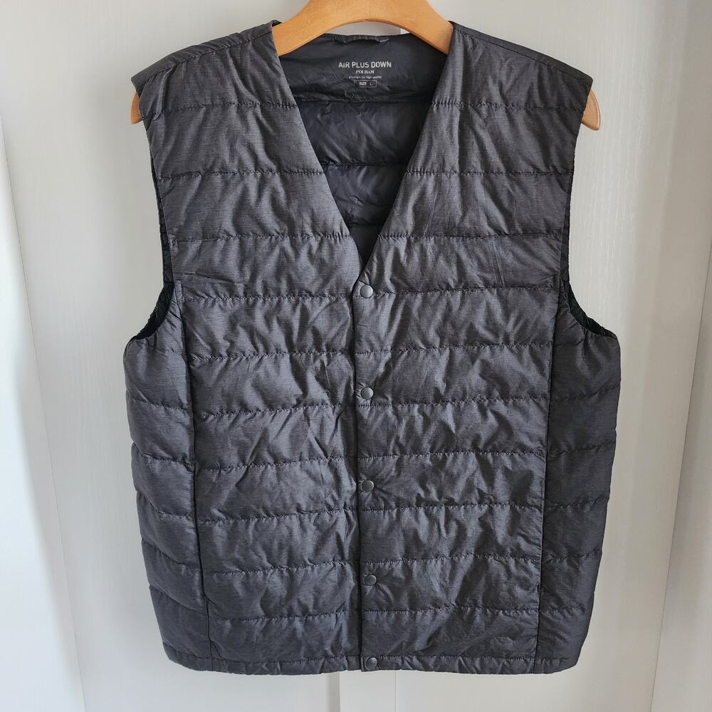 POLHAM Air Plus Down Puffer Vest Men's Large Snap‎ Front Charcoal Gray Packable